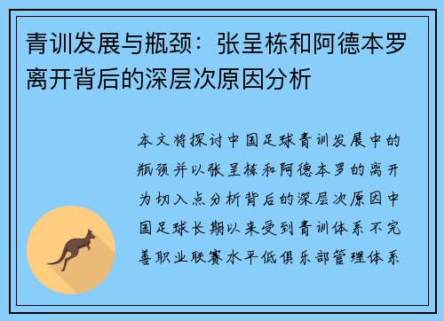 青训发展与瓶颈：张呈栋和阿德本罗离开背后的深层次原因分析